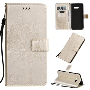 For LG G8X Tree & Cat Pattern Pressed Printing Horizontal Flip PU Leather Case with Holder & Card Slots & Wallet & Lanyard(Gold)