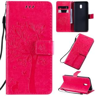 For Xiaomi Redmi 8A Tree & Cat Pattern Pressed Printing Horizontal Flip PU Leather Case with Holder & Card Slots & Wallet & Lanyard(Rose)