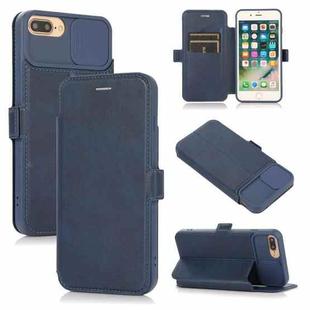 Push Window Double Buckle PU + Silicone Horizontal Flip Leather Case with Holder & Card Slot For iPhone 8 Plus & 7 Plus(Blue)