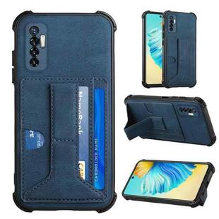 For Tecno Camon 17P Dream PU + TPU Four-corner Shockproof Back Cover Case with Card Slots & Holder(Blue)