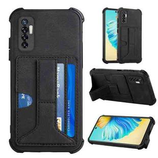 For Tecno Camon 17P Dream PU + TPU Four-corner Shockproof Back Cover Case with Card Slots & Holder(Black)