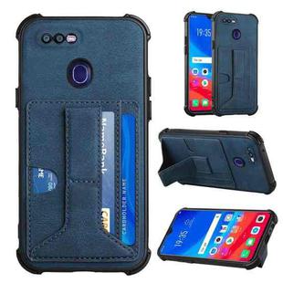 For OPPO F9 / A7x Dream PU + TPU Four-corner Shockproof Back Cover Case with Card Slots & Holder(Blue)