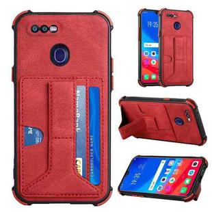 For OPPO F9 / A7x Dream PU + TPU Four-corner Shockproof Back Cover Case with Card Slots & Holder(Red)
