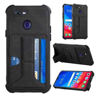 For OPPO F9 / A7x Dream PU + TPU Four-corner Shockproof Back Cover Case with Card Slots & Holder(Black)