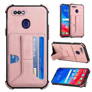 For OPPO F9 / A7x Dream PU + TPU Four-corner Shockproof Back Cover Case with Card Slots & Holder(Rose Gold)