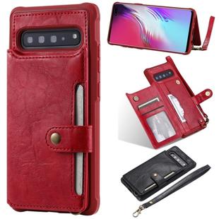 For Galaxy S10 5G Buckle Zipper Shockproof Protective Case with Holder & Card Slots & Wallet & Lanyard & Photos Frame(Red)