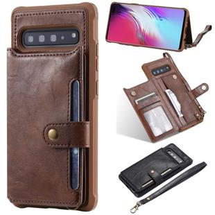 For Galaxy S10 5G Buckle Zipper Shockproof Protective Case with Holder & Card Slots & Wallet & Lanyard & Photos Frame(Coffee)