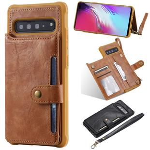 For Galaxy S10 5G Buckle Zipper Shockproof Protective Case with Holder & Card Slots & Wallet & Lanyard & Photos Frame(Brown)