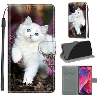 Voltage Coloured Drawing Magnetic Clasp Horizontal Flip PU Leather Case with Holder & Card Slots For OPPO A93 5G / A93s 5G / A54 5G / A74 5G(C08 Flower Bush Big White Cat)