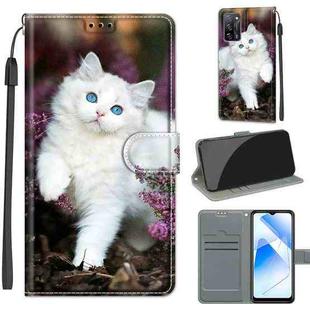 Voltage Coloured Drawing Magnetic Clasp Horizontal Flip PU Leather Case with Holder & Card Slots For OPPO A54 4G / A16 4G / A53s 5G / A55 5G(C08 Flower Bush Big White Cat)