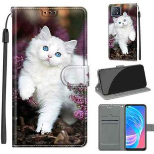 Voltage Coloured Drawing Magnetic Clasp Horizontal Flip PU Leather Case with Holder & Card Slots For OPPO A72 5G / A73 5G / A53 5G(C08 Flower Bush Big White Cat)