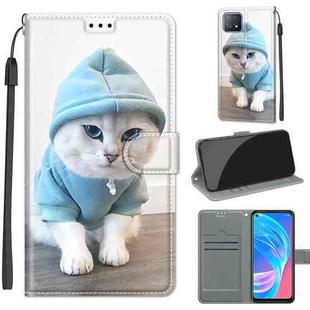 Voltage Coloured Drawing Magnetic Clasp Horizontal Flip PU Leather Case with Holder & Card Slots For OPPO A72 5G / A73 5G / A53 5G(C15 Blue Sweater White Cat)