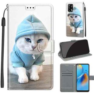 Voltage Coloured Drawing Magnetic Clasp Horizontal Flip PU Leather Case with Holder & Card Slots For OPPO F19 / A74 4G(C15 Blue Sweater White Cat)