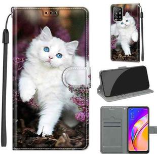 Voltage Coloured Drawing Magnetic Clasp Horizontal Flip PU Leather Case with Holder & Card Slots For OPPO A94 5G / A95 5G / F19 Pro+ 5G(C08 Flower Bush Big White Cat)