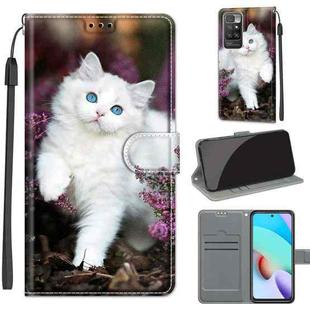 Voltage Coloured Drawing Magnetic Clasp Horizontal Flip PU Leather Case with Holder & Card Slots For Xiaomi Redmi 10(C08 Flower Bush Big White Cat)