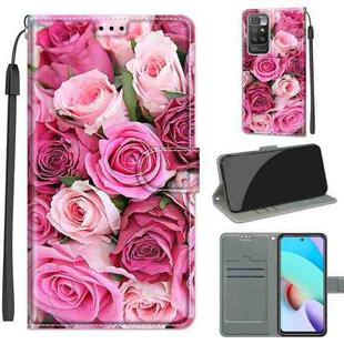 Voltage Coloured Drawing Magnetic Clasp Horizontal Flip PU Leather Case with Holder & Card Slots For Xiaomi Redmi 10(C17 Green Leaf Pink Rose)