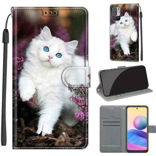 Voltage Coloured Drawing Magnetic Clasp Horizontal Flip PU Leather Case with Holder & Card Slots For Xiaomi Redmi Note 10 5G(C08 Flower Bush Big White Cat)