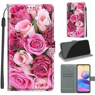 Voltage Coloured Drawing Magnetic Clasp Horizontal Flip PU Leather Case with Holder & Card Slots For Xiaomi Redmi Note 10 5G(C17 Green Leaf Pink Rose)
