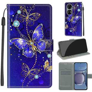 Voltage Coloured Drawing Magnetic Clasp Horizontal Flip PU Leather Case with Holder & Card Slots For Huawei P50(C11 Blue Golden Chain Butterflies)