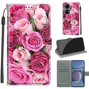 Voltage Coloured Drawing Magnetic Clasp Horizontal Flip PU Leather Case with Holder & Card Slots For Huawei P50(C17 Green Leaf Pink Rose)