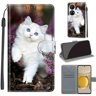 Voltage Coloured Drawing Magnetic Clasp Horizontal Flip PU Leather Case with Holder & Card Slots For Huawei P50 Pro(C08 Flower Bush Big White Cat)