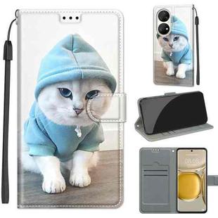 Voltage Coloured Drawing Magnetic Clasp Horizontal Flip PU Leather Case with Holder & Card Slots For Huawei P50 Pro(C15 Blue Sweater White Cat)