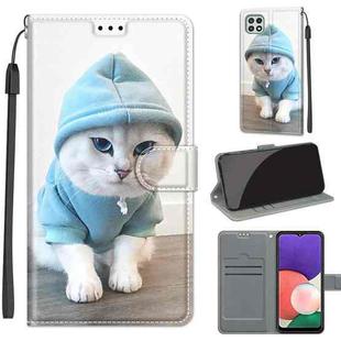 Voltage Coloured Drawing Magnetic Clasp Horizontal Flip PU Leather Case with Holder & Card Slots For Samsung Galaxy A22 5G(C15 Blue Sweater White Cat)