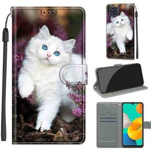 Voltage Coloured Drawing Magnetic Clasp Horizontal Flip PU Leather Case with Holder & Card Slots For Samsung Galaxy M32 4G / F22(C08 Flower Bush Big White Cat)