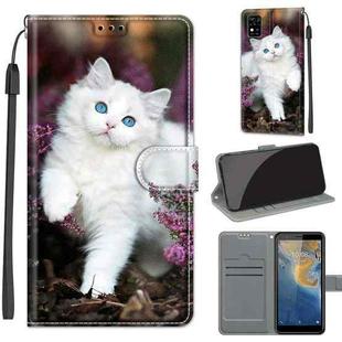 Voltage Coloured Drawing Magnetic Clasp Horizontal Flip PU Leather Case with Holder & Card Slots For ZTE Blade A31(C08 Flower Bush Big White Cat)