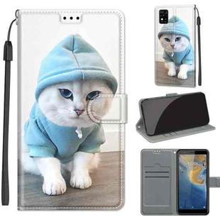 Voltage Coloured Drawing Magnetic Clasp Horizontal Flip PU Leather Case with Holder & Card Slots For ZTE Blade A31(C15 Blue Sweater White Cat)