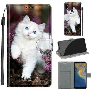 Voltage Coloured Drawing Magnetic Clasp Horizontal Flip PU Leather Case with Holder & Card Slots For ZTE Blade A51(C08 Flower Bush Big White Cat)