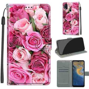 Voltage Coloured Drawing Magnetic Clasp Horizontal Flip PU Leather Case with Holder & Card Slots For ZTE Blade A51(C17 Green Leaf Pink Rose)