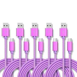 5 PCS USB to USB-C / Type-C Nylon Braided Charging Data Transmission Cable, Cable Length:3m(Purple)