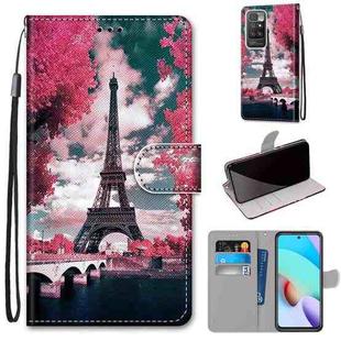 For Xiaomi Redmi 10 Coloured Drawing Cross Texture Horizontal Flip PU Leather Case with Holder & Card Slots & Wallet & Lanyard(Pink Flower Tower Bridge)