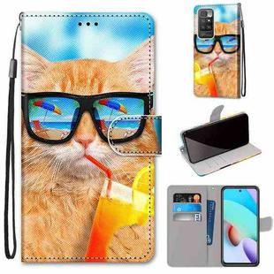For Xiaomi Redmi 10 Coloured Drawing Cross Texture Horizontal Flip PU Leather Case with Holder & Card Slots & Wallet & Lanyard(Cat Drinking Soda)