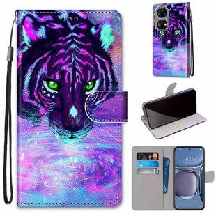 For Huawei P50 Coloured Drawing Cross Texture Horizontal Flip PU Leather Case with Holder & Card Slots & Wallet & Lanyard(Tiger Drinking Water)