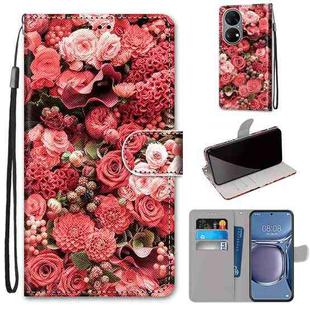 For Huawei P50 Coloured Drawing Cross Texture Horizontal Flip PU Leather Case with Holder & Card Slots & Wallet & Lanyard(Pink Rose Garden)