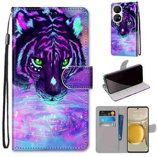 For Huawei P50 Pro Coloured Drawing Cross Texture Horizontal Flip PU Leather Case with Holder & Card Slots & Wallet & Lanyard(Tiger Drinking Water)