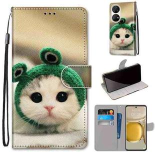 For Huawei P50 Pro Coloured Drawing Cross Texture Horizontal Flip PU Leather Case with Holder & Card Slots & Wallet & Lanyard(Frog Kitten)