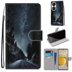 For Huawei P50 Pro Coloured Drawing Cross Texture Horizontal Flip PU Leather Case with Holder & Card Slots & Wallet & Lanyard(Mountain Road Starry Sky)