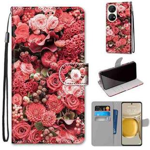 For Huawei P50 Pro Coloured Drawing Cross Texture Horizontal Flip PU Leather Case with Holder & Card Slots & Wallet & Lanyard(Pink Rose Garden)