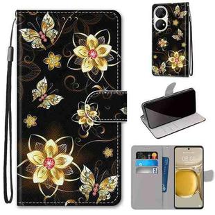 For Huawei P50 Pro Coloured Drawing Cross Texture Horizontal Flip PU Leather Case with Holder & Card Slots & Wallet & Lanyard(Gold Diamond Butterfly)