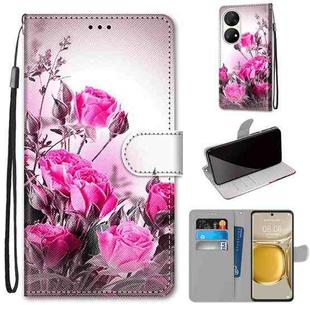 For Huawei P50 Pro Coloured Drawing Cross Texture Horizontal Flip PU Leather Case with Holder & Card Slots & Wallet & Lanyard(Wild Rose)