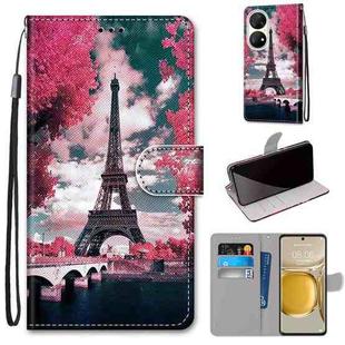 For Huawei P50 Pro Coloured Drawing Cross Texture Horizontal Flip PU Leather Case with Holder & Card Slots & Wallet & Lanyard(Pink Flower Tower Bridge)