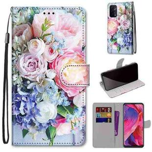 For OPPO A93 5G / A93s 5G / A54 5G / A74 5G Coloured Drawing Cross Texture Horizontal Flip PU Leather Case with Holder & Card Slots & Wallet & Lanyard(Light Pink Bouquet)