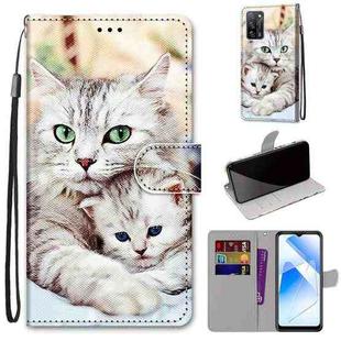 For OPPO A54 4G / A16 4G / A53s 5G / A55 5G Coloured Drawing Cross Texture Horizontal Flip PU Leather Case with Holder & Card Slots & Wallet & Lanyard(Big Cat Holding Kitten)