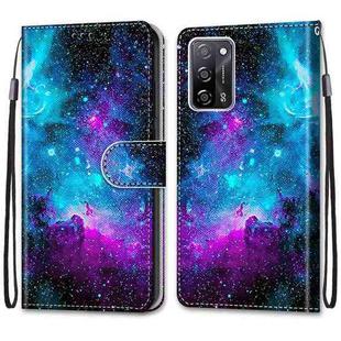 For OPPO A54 4G / A16 4G / A53s 5G / A55 5G Coloured Drawing Cross Texture Horizontal Flip PU Leather Case with Holder & Card Slots & Wallet & Lanyard(Purple Green Starry Sky)