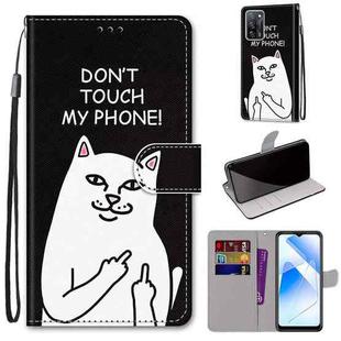 For OPPO A54 4G / A16 4G / A53s 5G / A55 5G Coloured Drawing Cross Texture Horizontal Flip PU Leather Case with Holder & Card Slots & Wallet & Lanyard(Middle Finger White Cat)