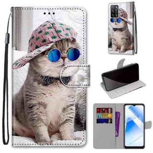 For OPPO A54 4G / A16 4G / A53s 5G / A55 5G Coloured Drawing Cross Texture Horizontal Flip PU Leather Case with Holder & Card Slots & Wallet & Lanyard(Slant Hat Blue Mirror Cat)