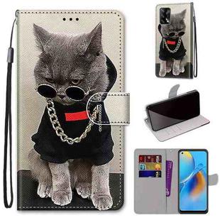 For OPPO F19 / A74 4G Coloured Drawing Cross Texture Horizontal Flip PU Leather Case with Holder & Card Slots & Wallet & Lanyard(Golden Chain Grey Cat)